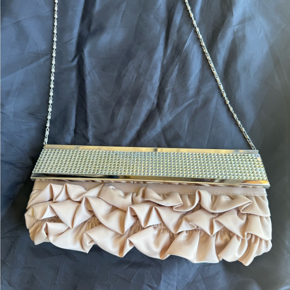 Elegant Beige Ruffled Clutch with Silver Accents